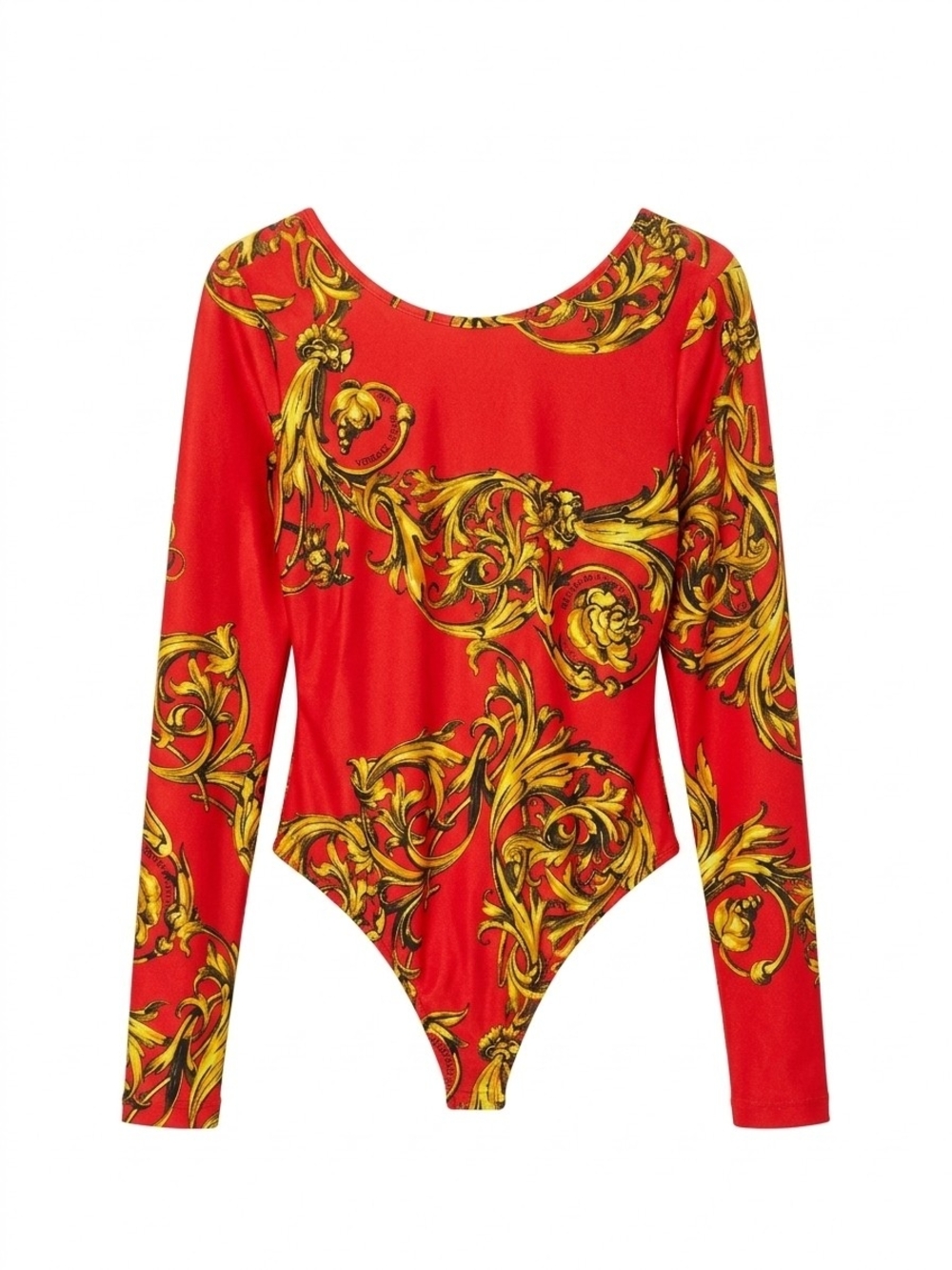 Versace Jeans Collection Red and Gold Baroque Long-Sleeve Bodysuit